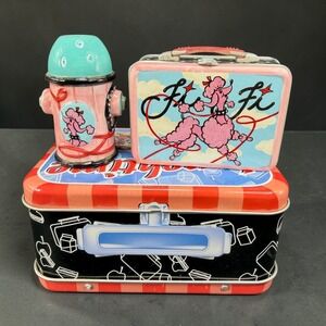 Vandor Pelzman Fifi Poodle Lunchbox Fire Hydrant Salt Pepper Shaker Set Tin Box